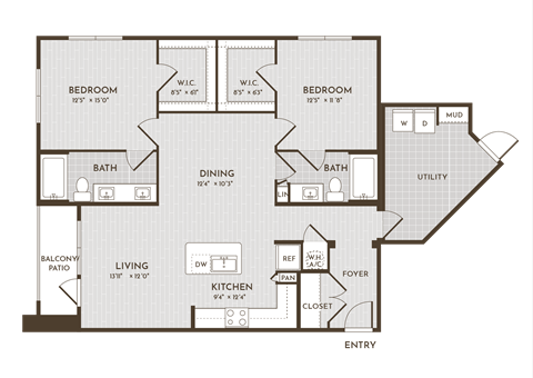 Floor plan for 2 beds, 2 baths, 1322 sqft